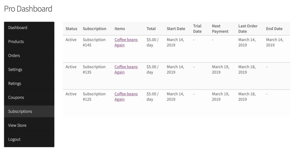 WC Vendors WooCommerce Subscriptions list