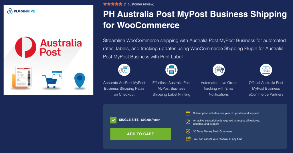 image - WC Vendors Logo Australia Post et icônes d'expédition à gauche ; titre 'PH Australia Post MyPost Business Shipping for WooCommerce' avec des icônes de fonctionnalités sur fond bleu foncé à droite.