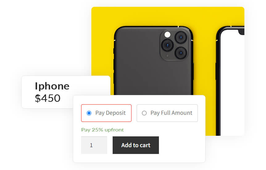 ph-deposits-for-woocommerce-screenshot - WC Vendors E-commerce product card displaying a black iPhone priced 0 with a 25% deposit option, quantity box and 'Add to cart' button.