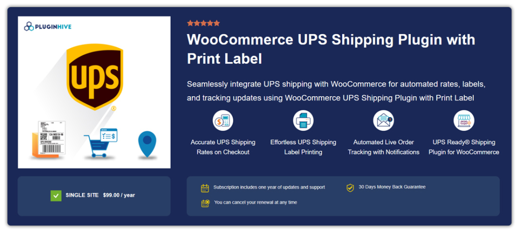 woocommerce-ups-shipping-plugin-with-print-label-2 - WC Vendors Promotional banner for PluginHive's WooCommerce UPS Shipping Plugin with Print Label, featuring UPS logo, feature icons, and customer review rating.