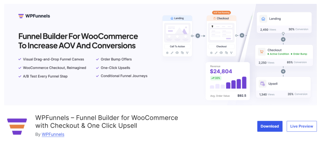 wpfunnels repo - WC Vendors WPFunnels hero banner with funnel diagrams (Landing, Checkout, Upsell) and feature bullets, logo, and a purple/orange color scheme.