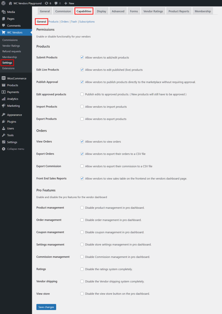 WC Vendors > Settings > Capabilities > General