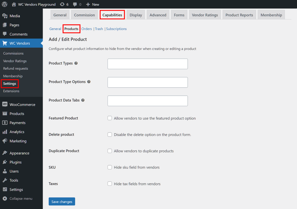 WC Vendors > Settings > Capabilities > Products