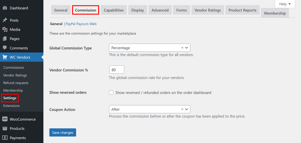 WC Vendors > Settings > Commission