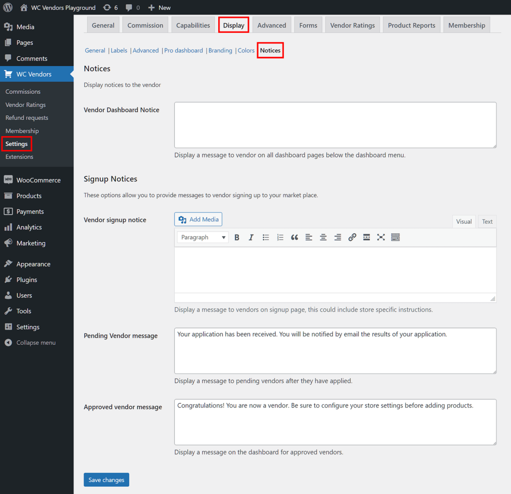 WC Vendors > Settings > Display > Notices