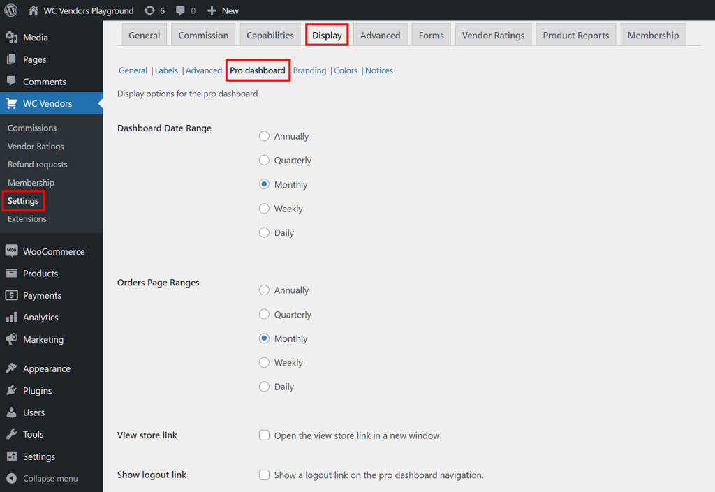 WC Vendors > Settings > Display > Pro Dashboard