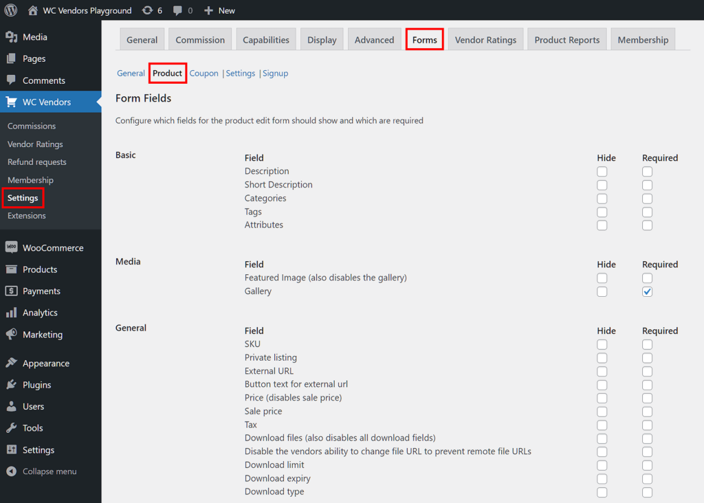 WC Vendors > Settings > Forms > Product