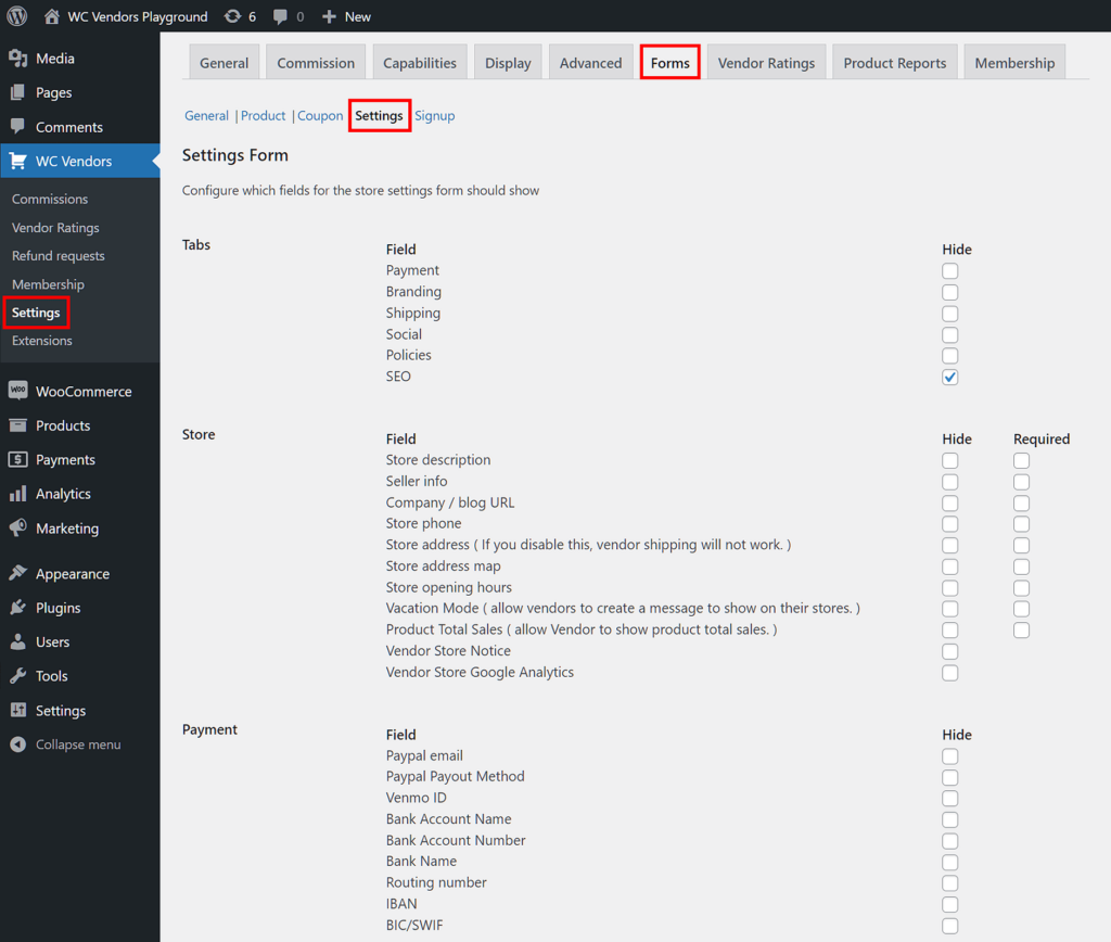 WC Vendors > Settings > Forms > Settings