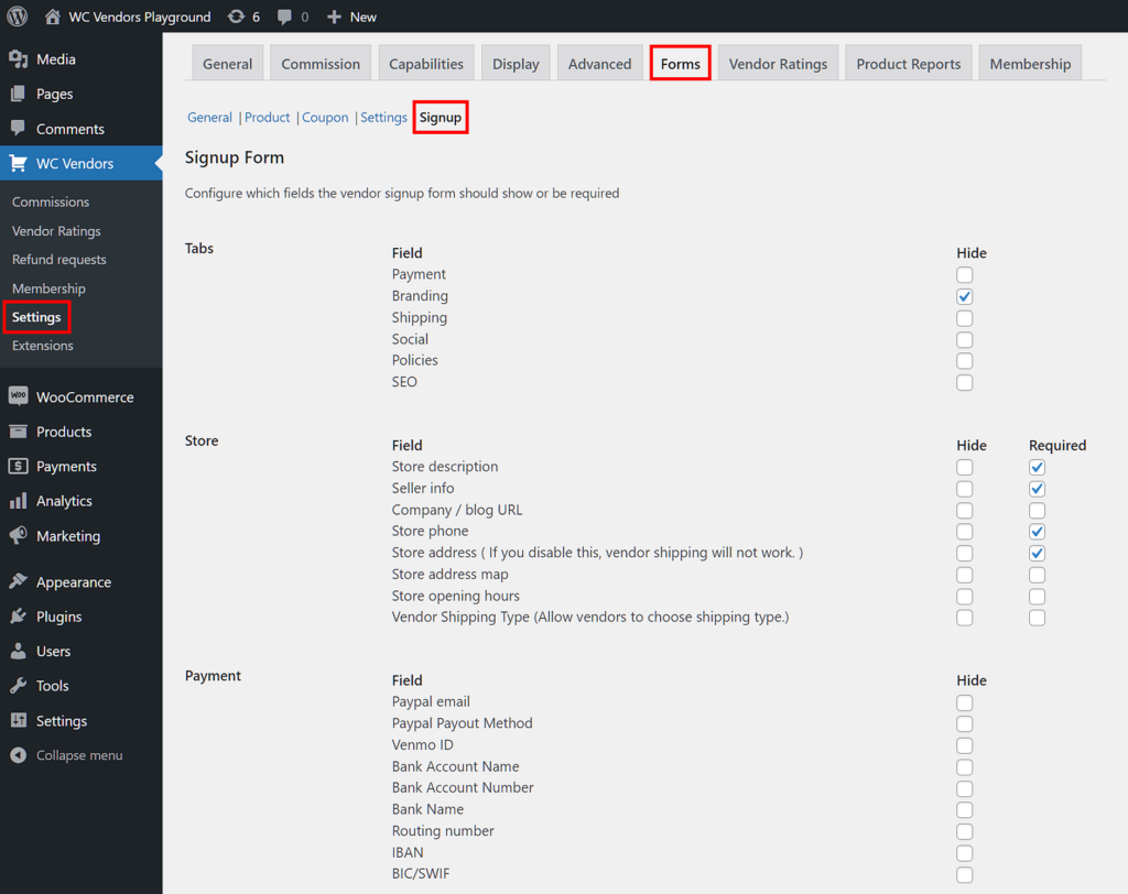 WC Vendors > Settings > Forms > Signup