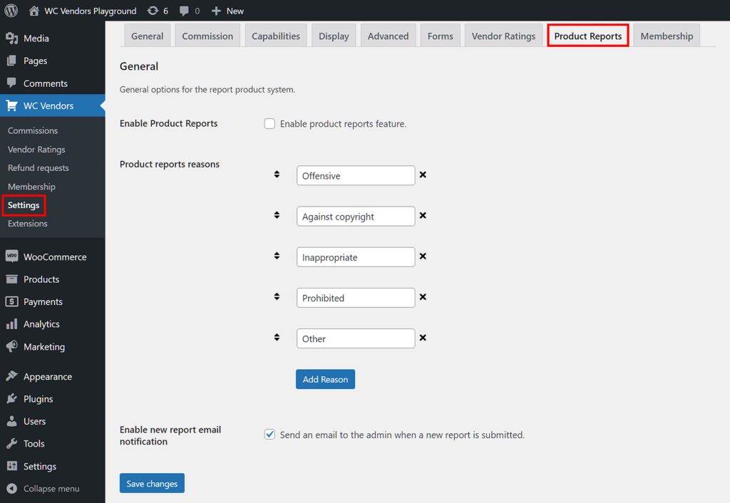 WC Vendors > Settings > Product Reports