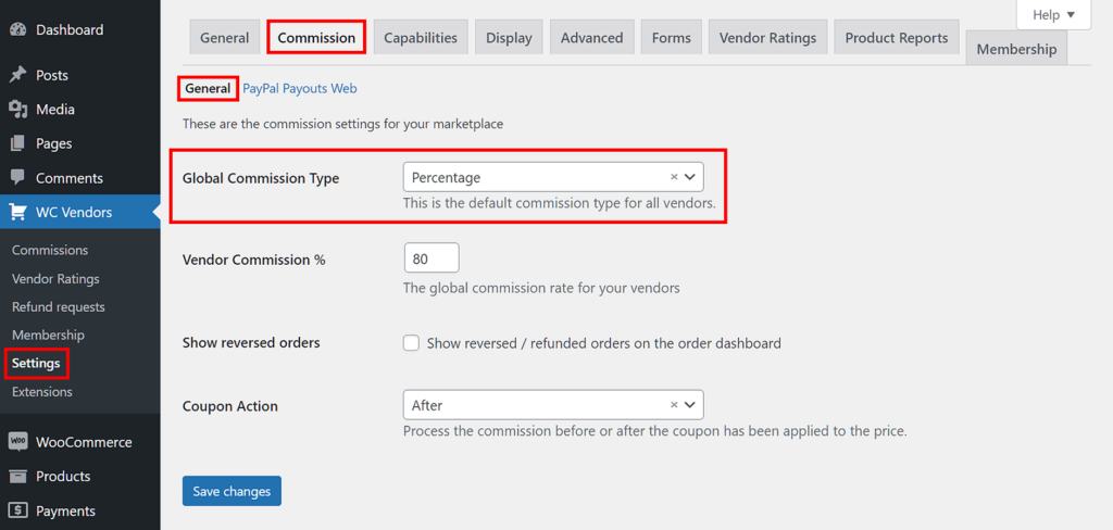 setting global commissions for your marketplace