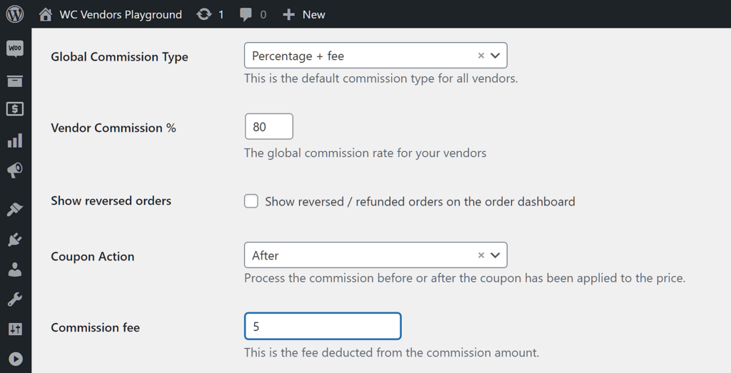 Setting the Percentage + Fee Commission Type for your marketplace