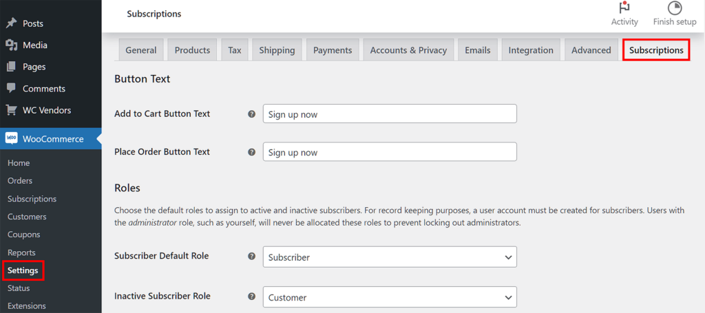 Subscriptions settings