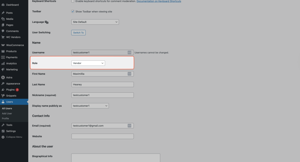 Change existing user to vendor