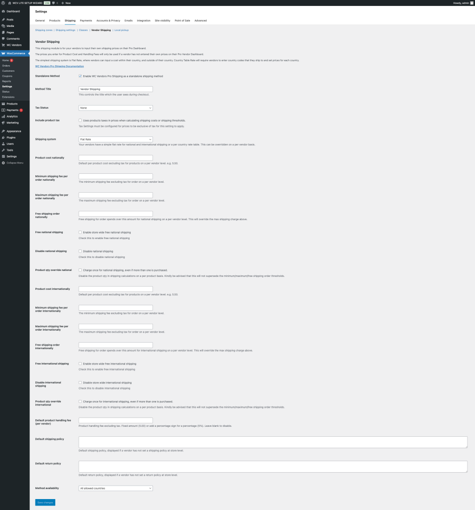 Global shipping options in the WC Vendors settings