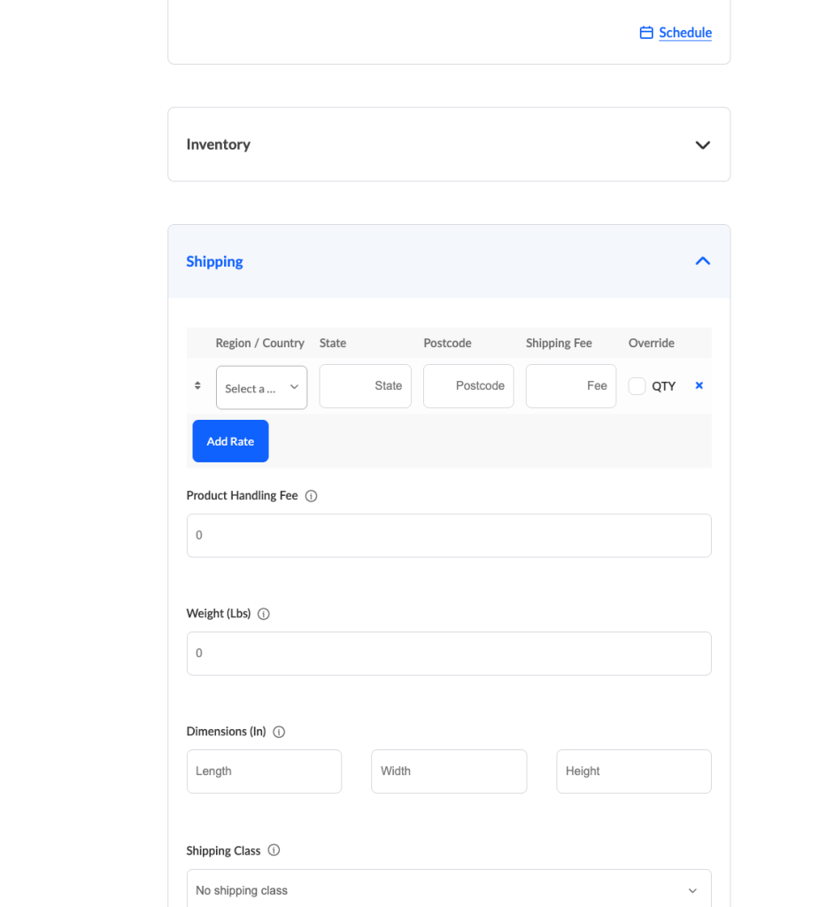Product level shipping settings for a vendor product