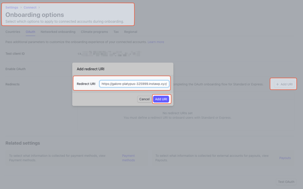 Set Test Return URI in Stripe Account