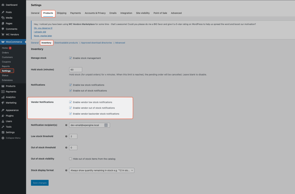 Vendor Stock Notifications - WC Vendors Vendor Stock Notifications