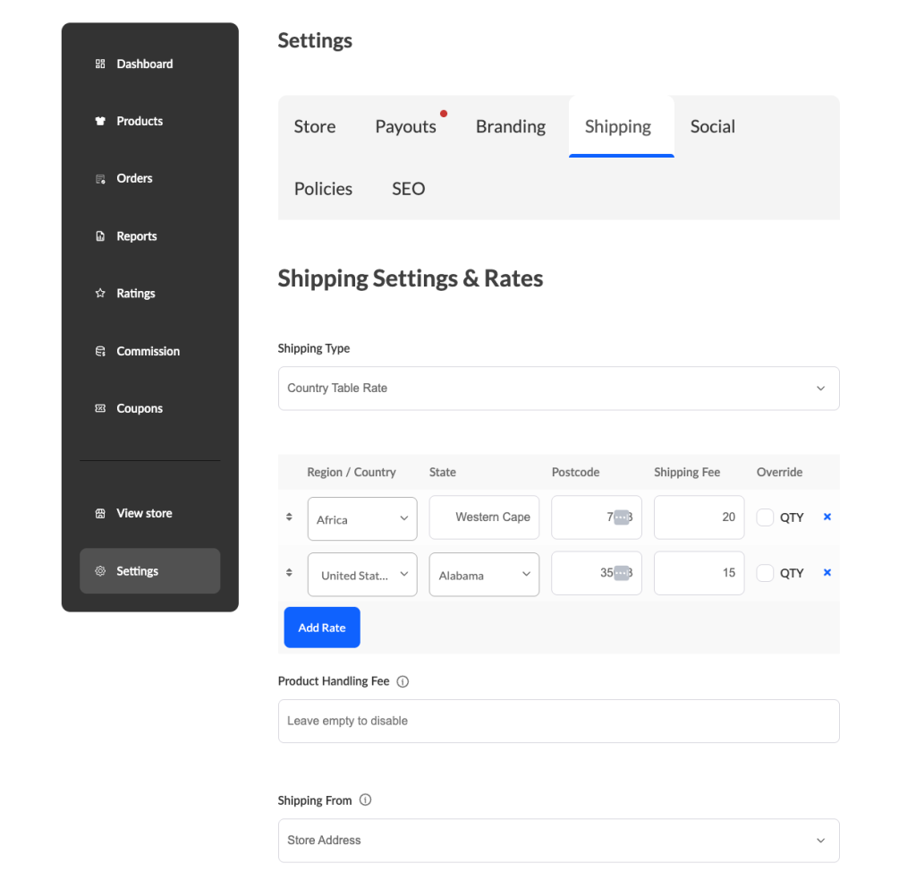 Vendor store shipping settings in the vendor dashboard