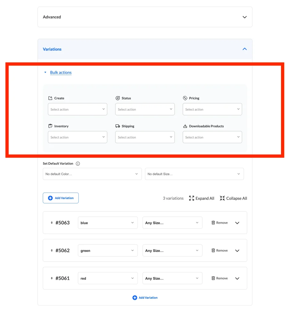 forms - product - frontend - form - 10 variation action types - WC Vendors