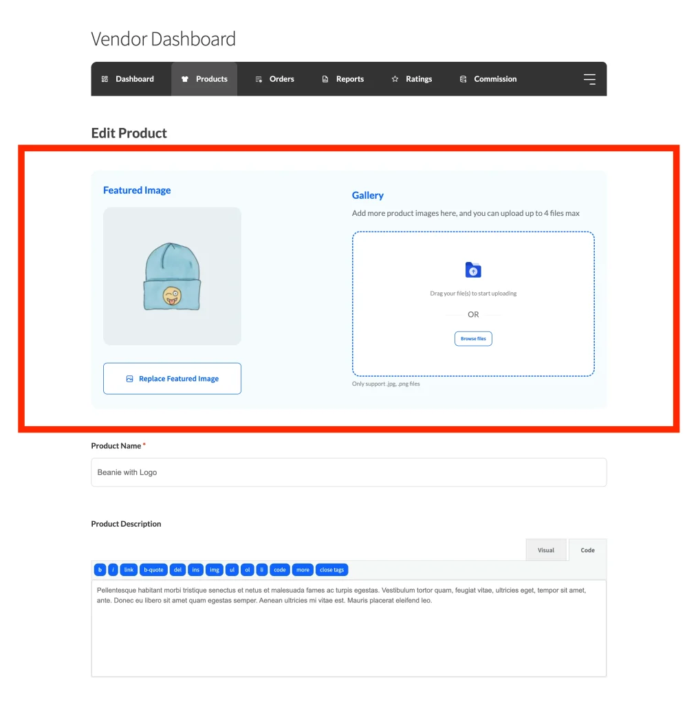 forms - product - frontend - form - 2 media - WC Vendors