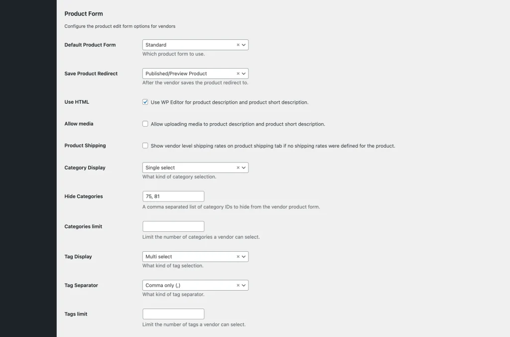 forms - product - settings - product form 1 - WC Vendors