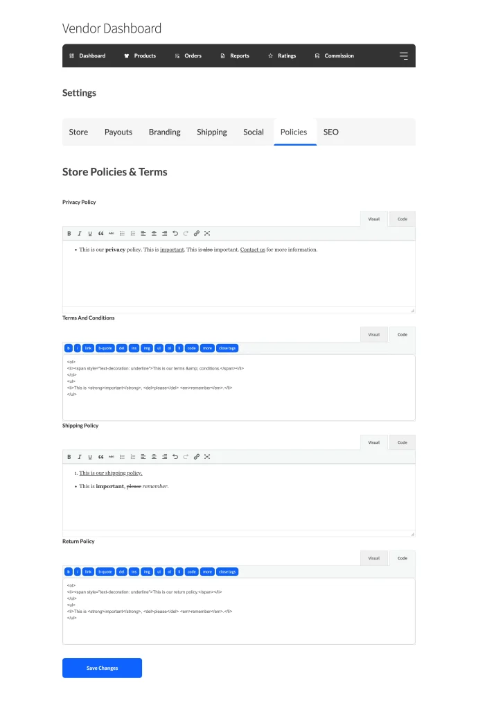 forms - settings - policies - WC Vendors