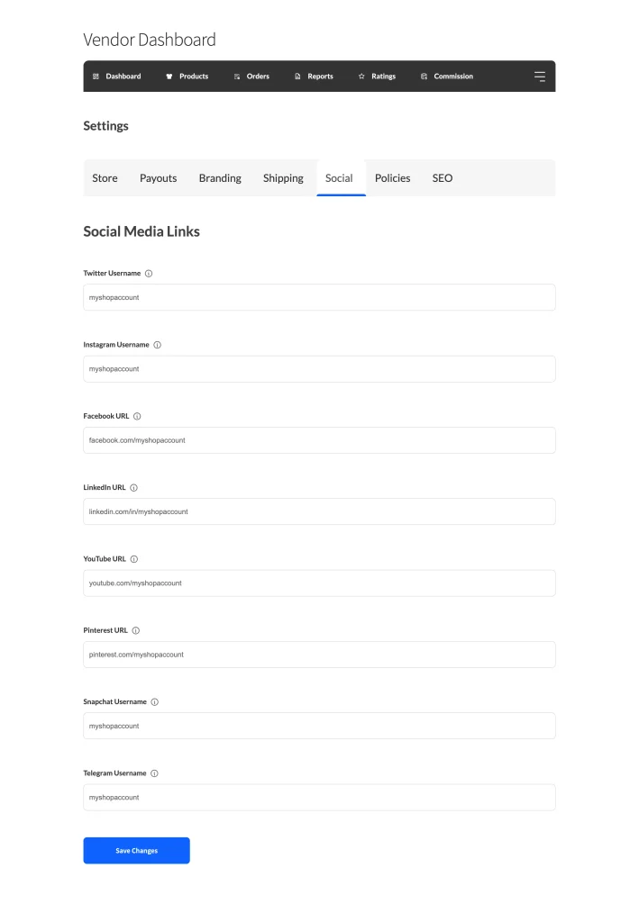 forms - settings - social - WC Vendors