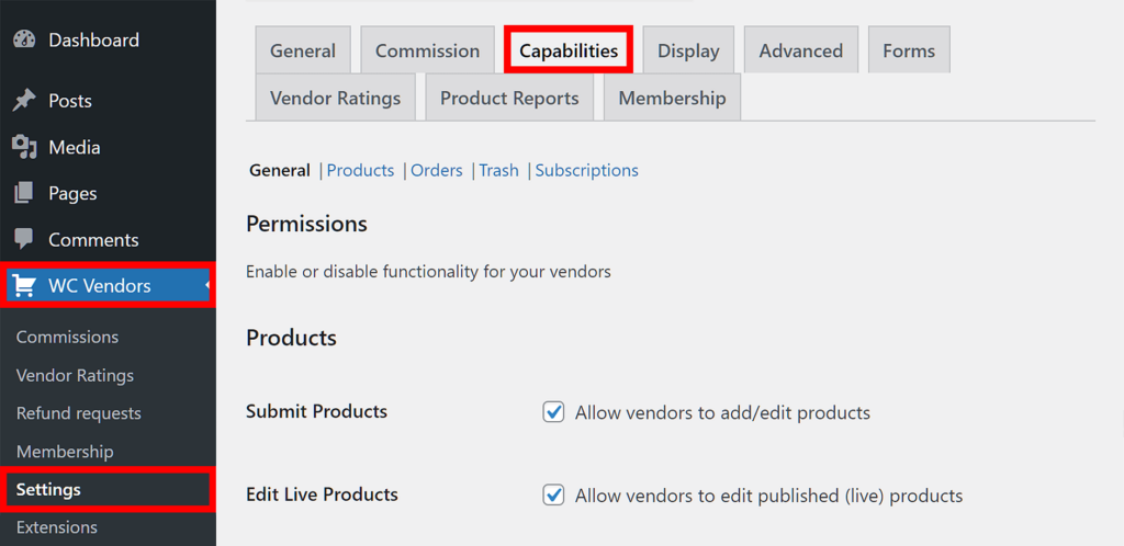 WC Vendors > Settings > Capabilities