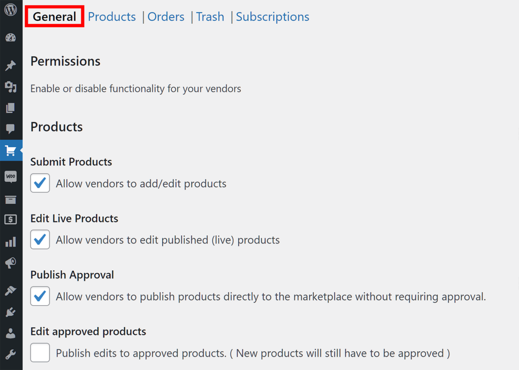 WC Vendors > Settings > Capabilities > General