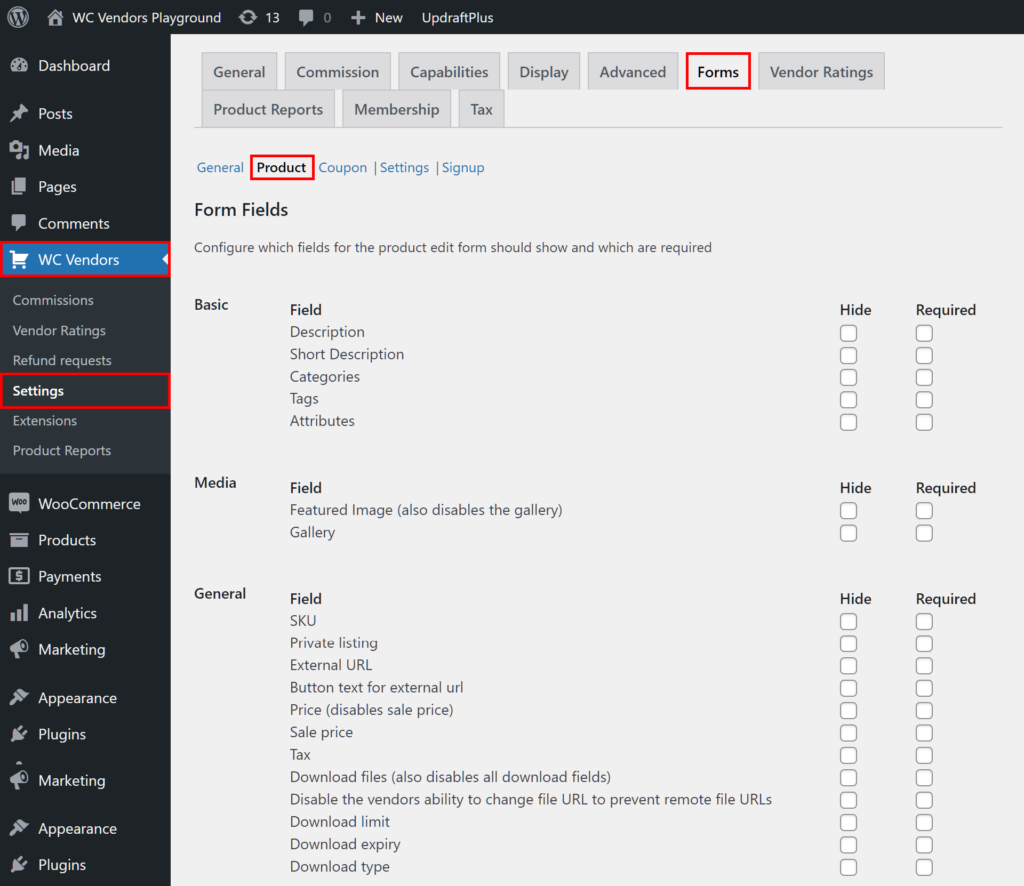 Navigating to the Forms section and Product subsection