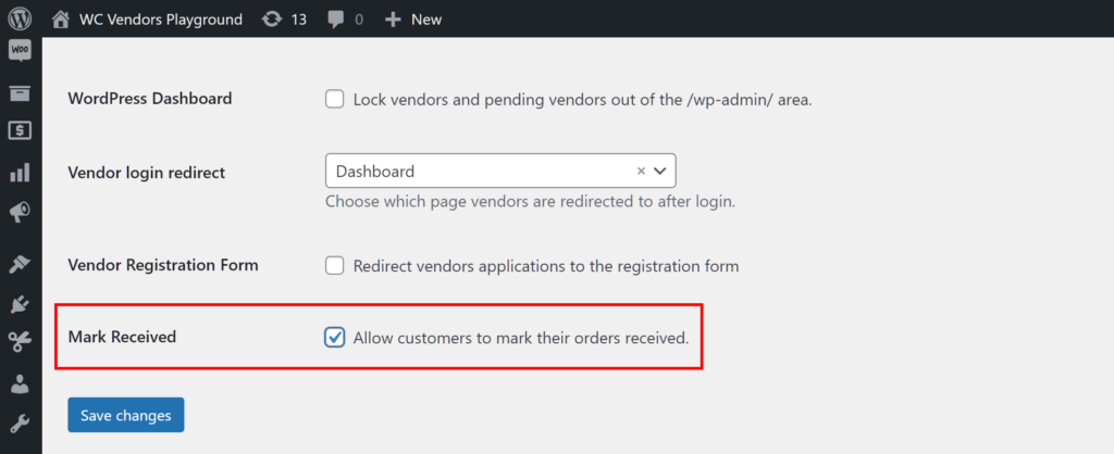 Allowing a customer to mark their order as received