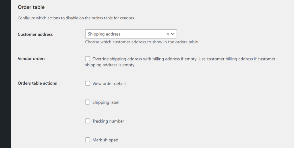 Orders subsection page's Order table area