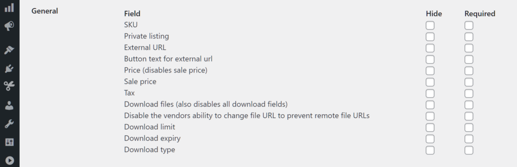 General vendor product form fields