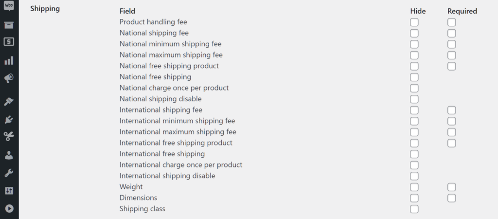 Shipping vendor product form fields