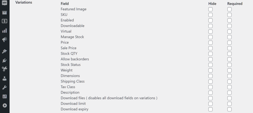 Variations vendor product form fields