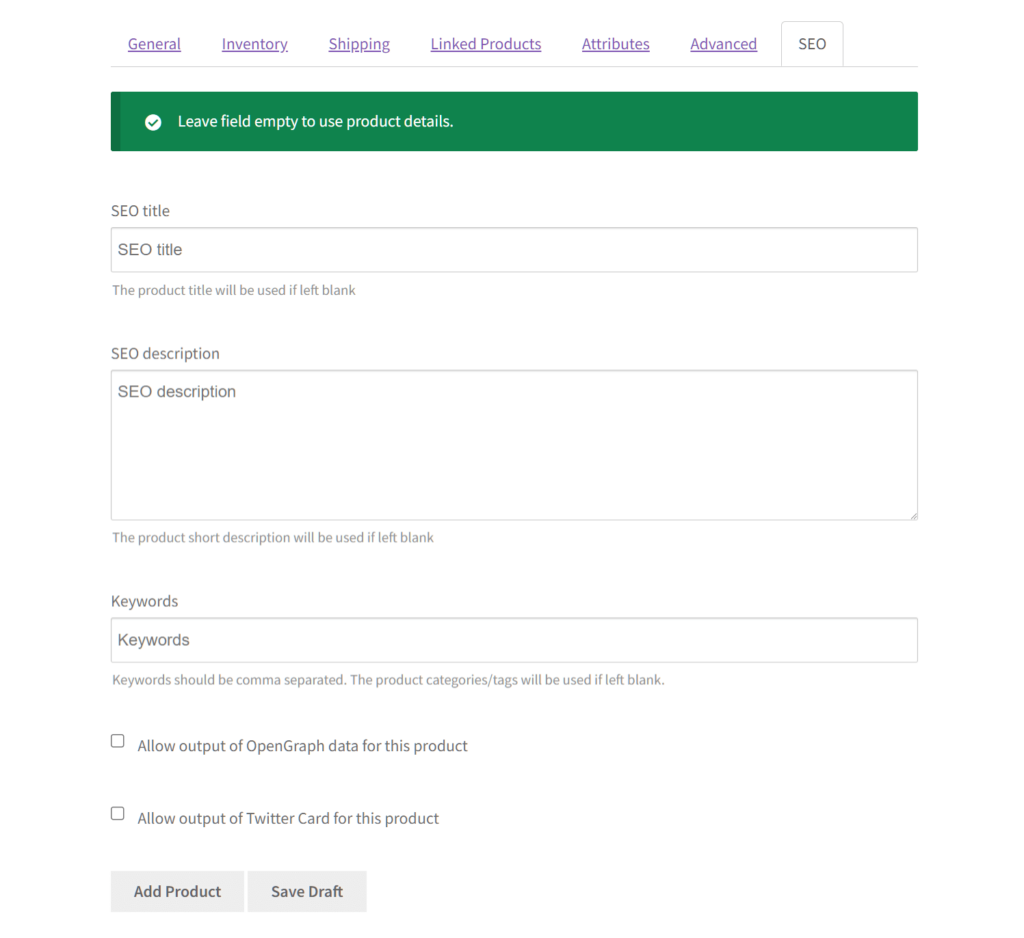 Product Form on the Vendor Dashboard showing the SEO tab