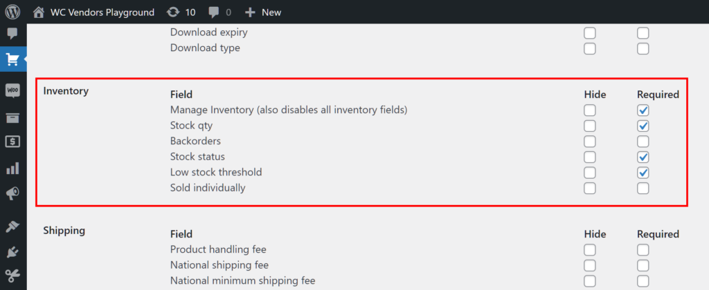 WC Vendors settings with inventory fields such as ‘Manage Inventory,’ ‘Stock qty,’ and ‘Backorders’ options.