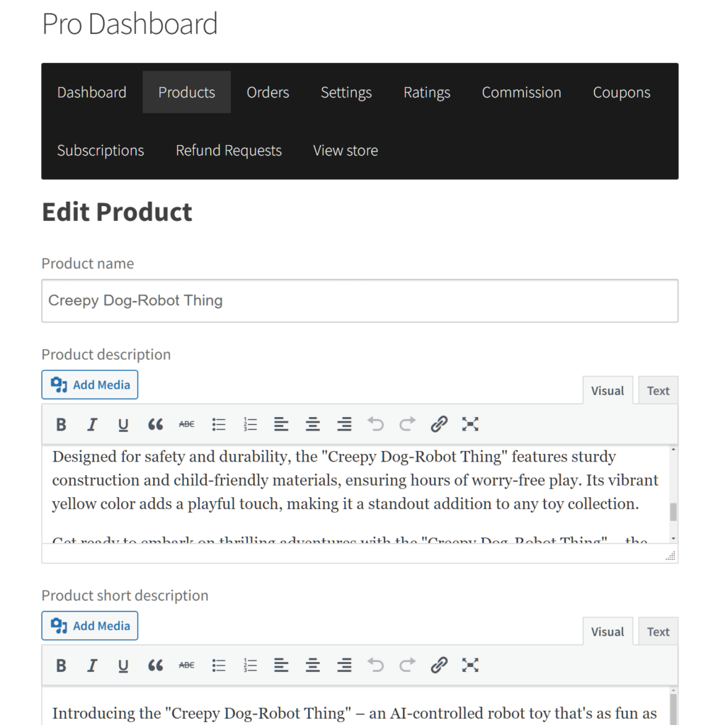 First part of a completed product form showing title, description, and product image fields