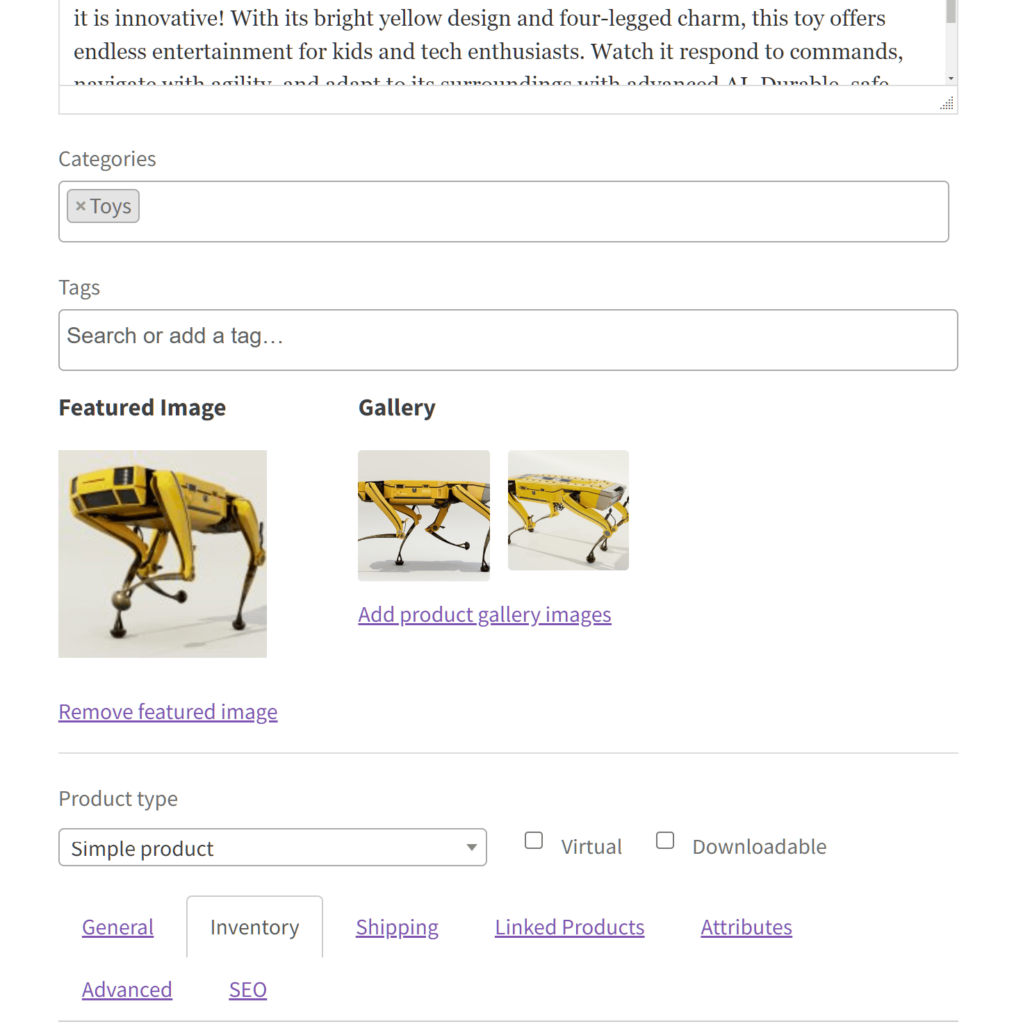 Pro Dashboard view of a product’s featured image, gallery, categories, and tabs like ‘General’ and ‘Inventory