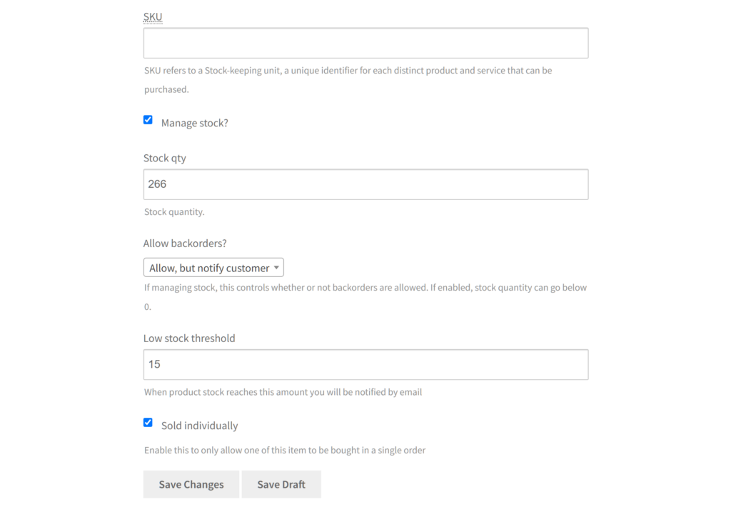 WC Vendors product form with SKU, stock quantity, backorder options, and low stock threshold for a multi-vendor marketplace