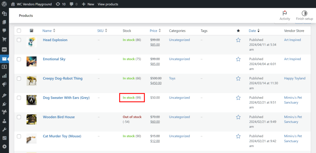 WooCommerce product list showing an in-stock quantity of 99
