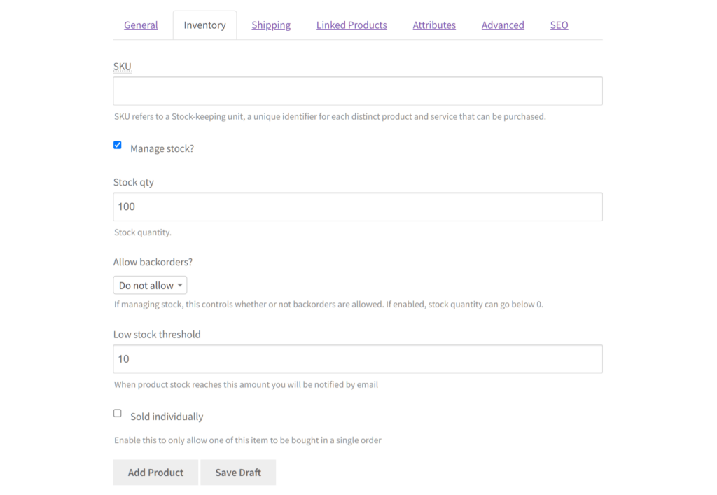 WC Vendors product editing screen showing inventory fields like stock quantity and backorder settings
