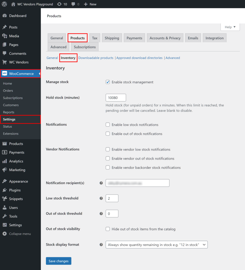 WooCommerce ‘Products’ settings tab showing inventory management options for a multi-vendor marketplace