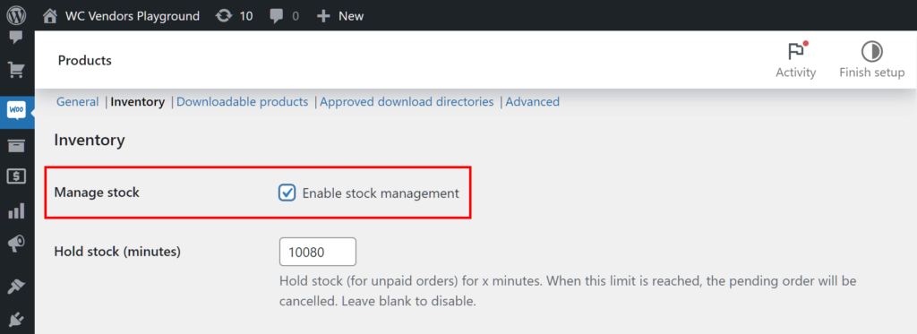 WooCommerce inventory settings with ‘Manage stock’ checkbox enabled for marketplace inventory control