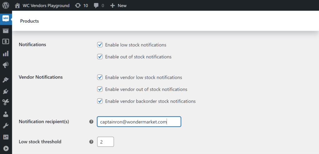 WooCommerce notifications for low and out-of-stock items, including vendor alerts for a multi-vendor platform