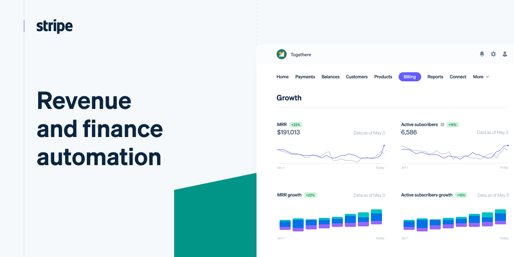 Stripe dashboard showing MRR growth and subscriber analytics under the Billing section.