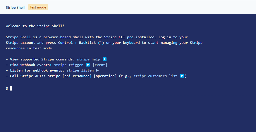 Stripe Shell showing CLI interface for testing and managing Stripe resources in test mode.