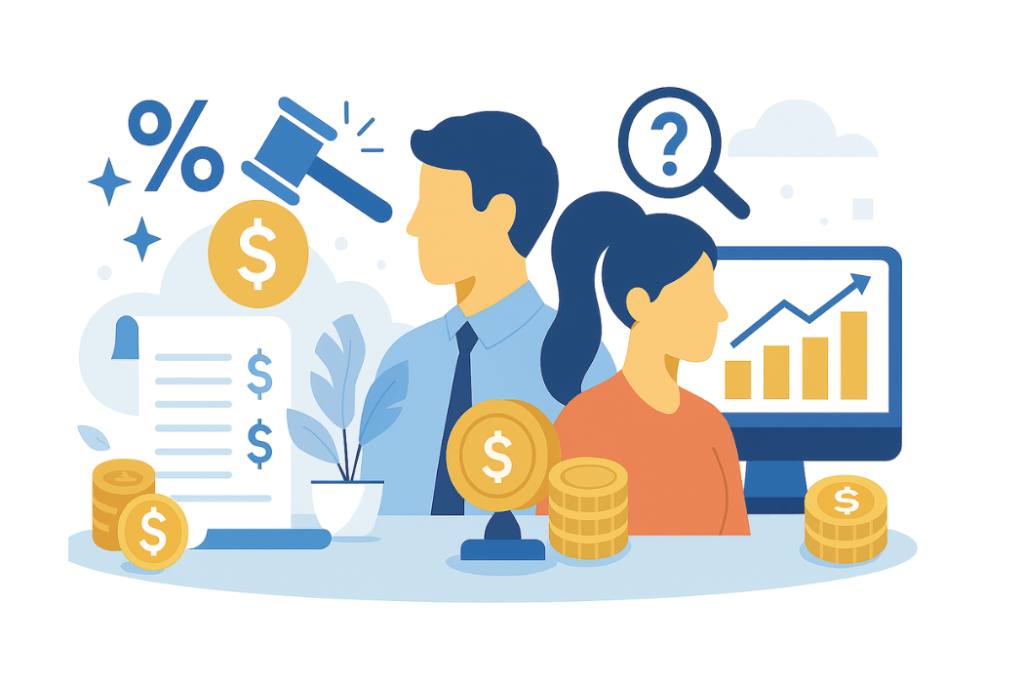 Common Commission Fees And Hidden Costs-wcvendors - WC Vendors A man and a woman before whom is a table on which rests coins, a pc monitor, a list, and a potted plant, and behind whom float clouds, a magnifying glass, a gavel, stars, and the percentage sign