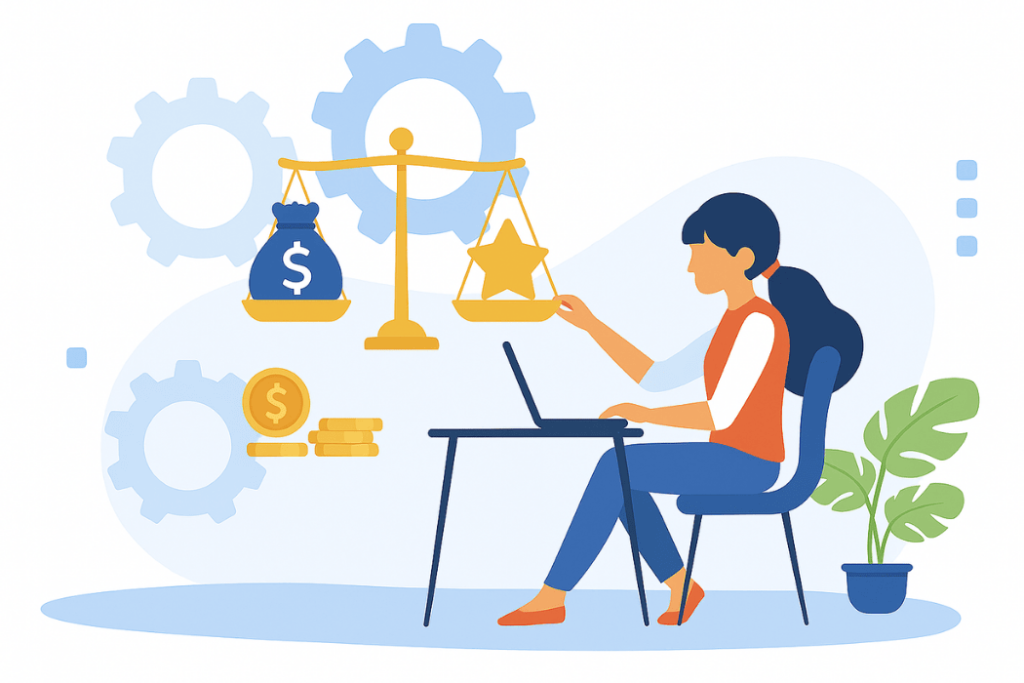 Creating A Fair Fee Structure On Your Vendor Platform-wcvendors - WC Vendors A woman sitting at a table, using her laptop as she touches a floating weighing scale, on which rest a star and a bag of money, as coins, gears, and stars float around her and a potted plant sits on the floor